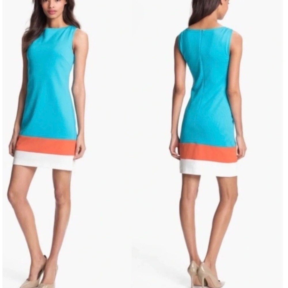Trina Turk Blue Orange White Colorblock Sleeveless Shift Dress Mini Boatneck - Picture 1 of 8